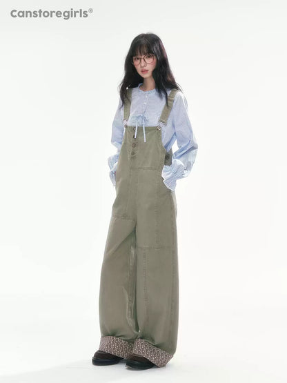 [CAN] Olive Green Floral-Trim Cargo Overalls