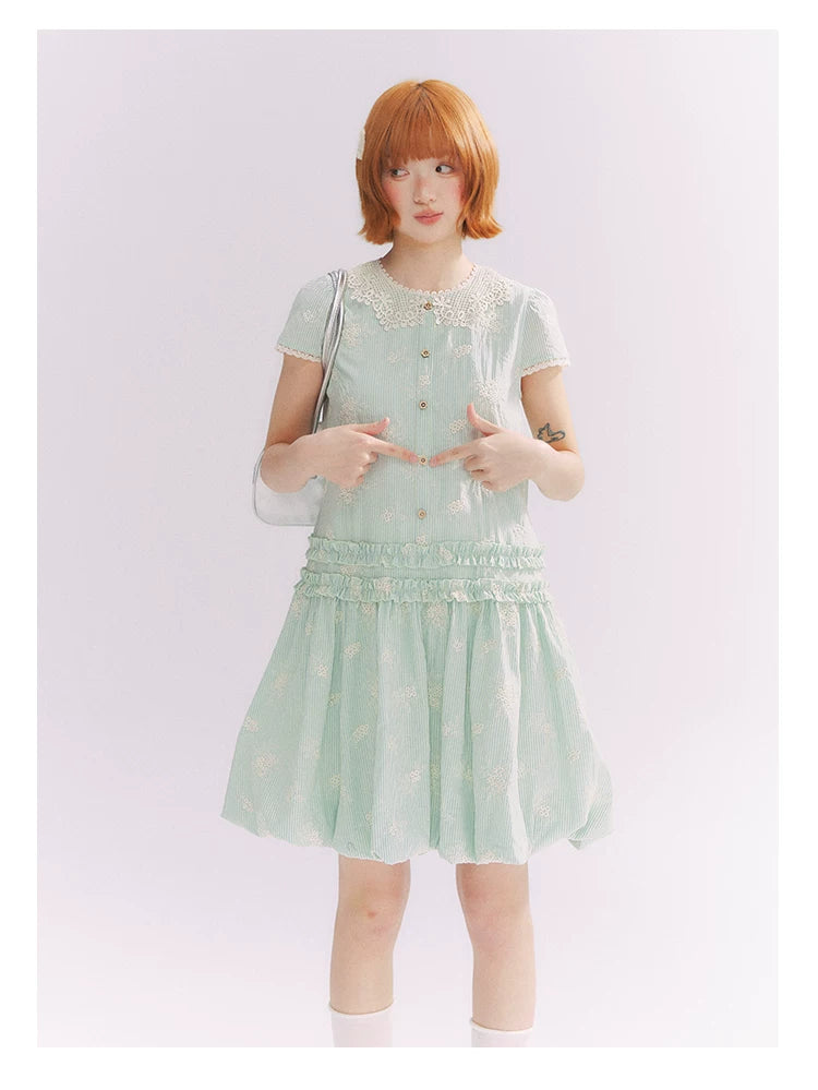 “Mint Lime” Green Stripe Lace Babydoll Dress