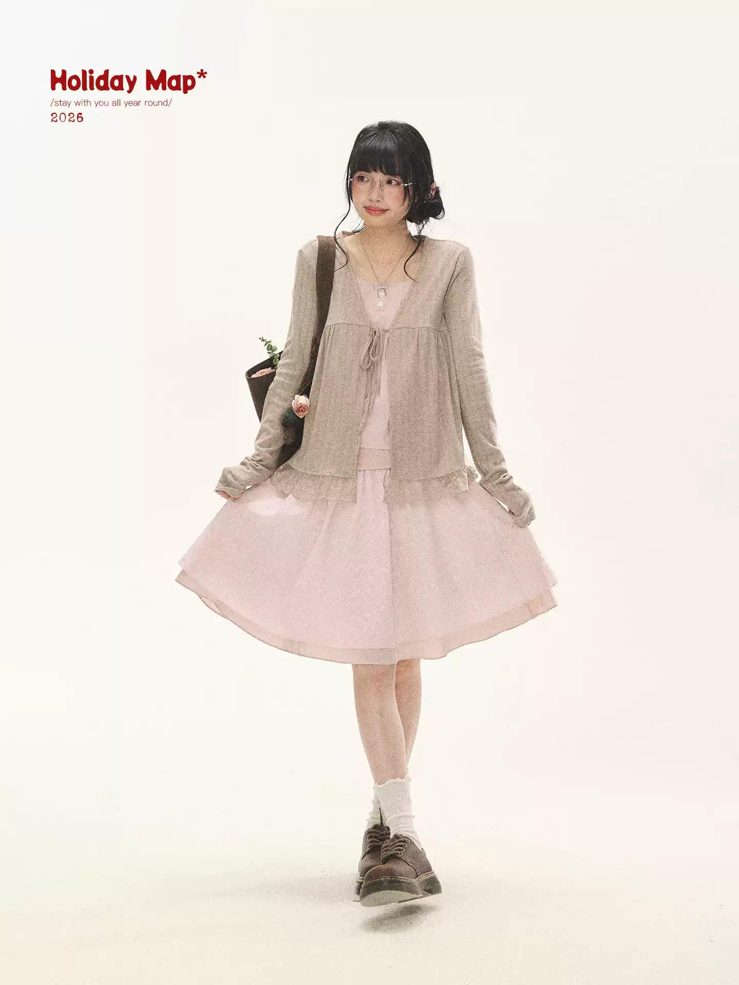 "Roasted Tea Heart" Milk Tea Faux-Layer Lace Cardigan & Skirt Set