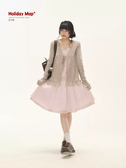 "Roasted Tea Heart" Milk Tea Faux-Layer Lace Cardigan & Skirt Set