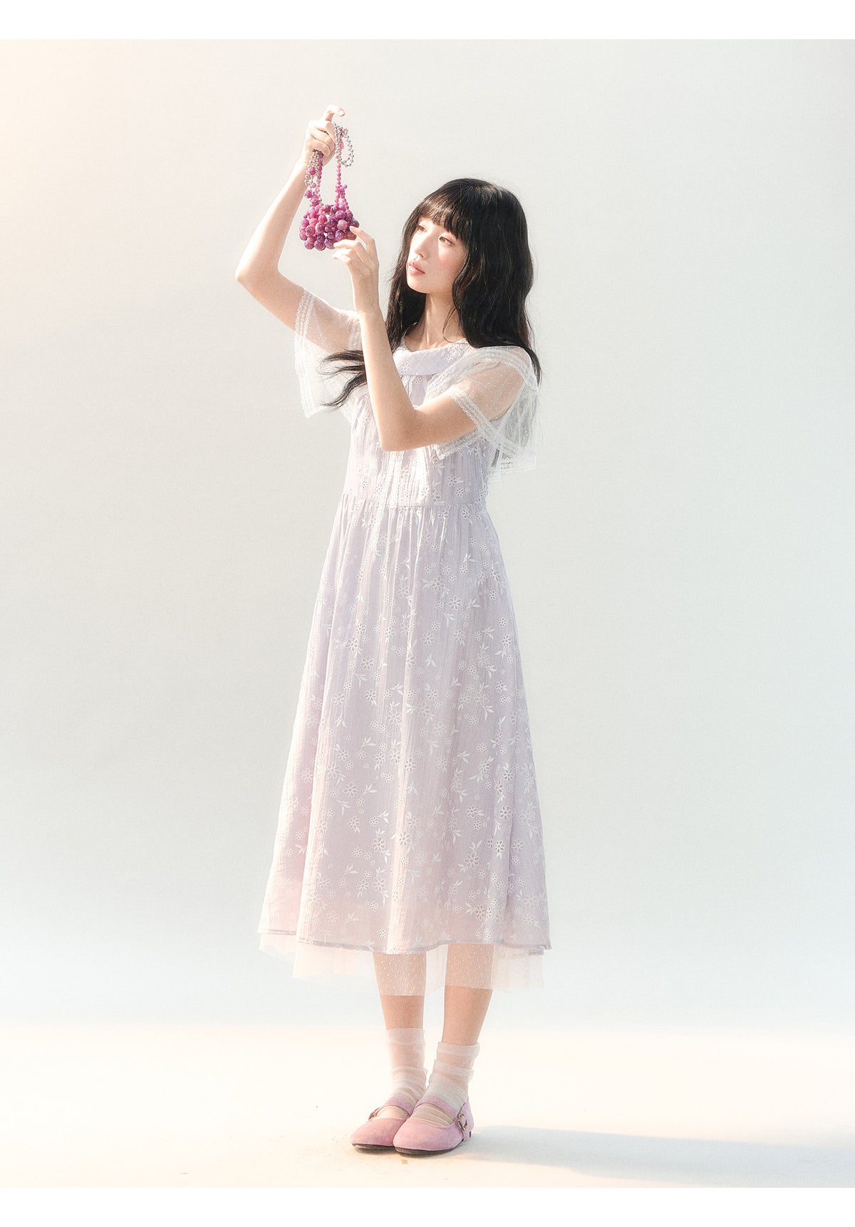 [CAN] "Lavender Bloom Whisper" Purple Floral Cape Tulle Tie-Waist Dress