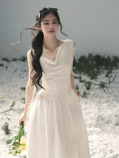 "Moonlight Sonata" Camellia White Elegant Sleeveless Maxi Dress