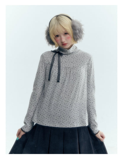 Floral Bow Lace-Tie Knit Top (Gray Floral / Light Khaki Beige)