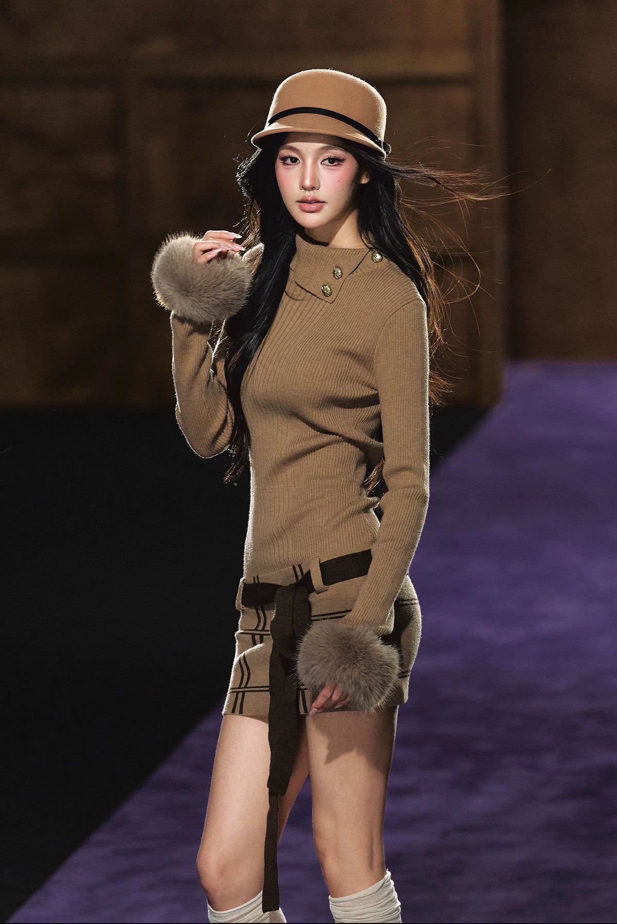 "Winter Whisper" Light Khaki Mock Neck Knit Mini Dress