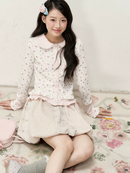 [RF] Waffle Texture Peter Pan Collar Floral Cardigan in Soft Pink