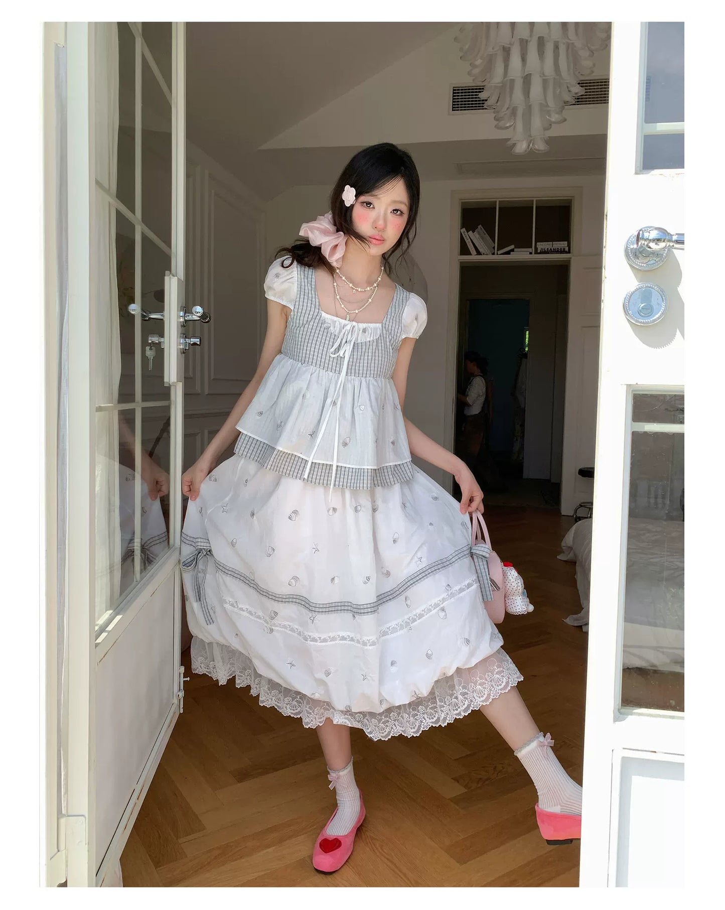 “Misty Isle White Tea” Grey White Polka Dot Skirt Set