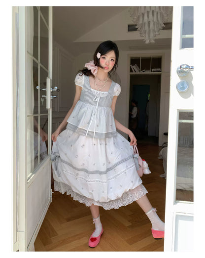 “Misty Isle White Tea” Grey White Polka Dot Skirt Set