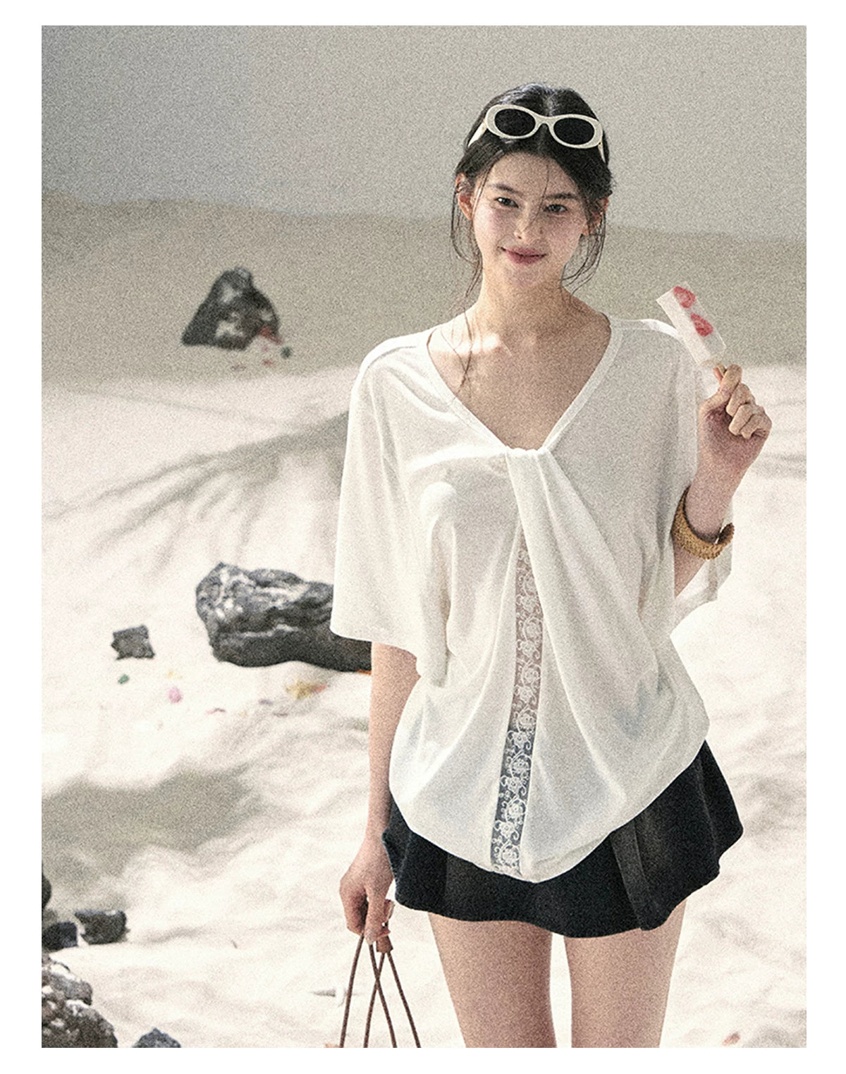 "Undisturbed Mist" Cloud White Lace Cutout V-Neck T-Shirt 45638453