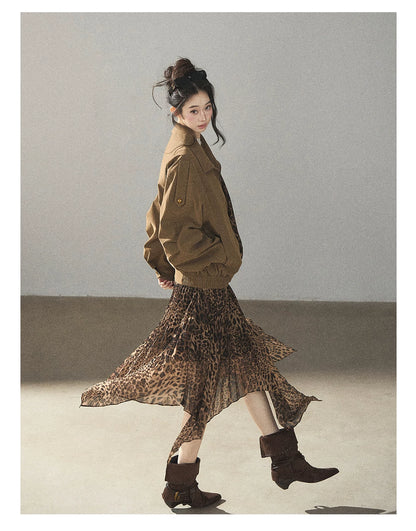 AOMALM - “Acorn & Fallen Leaves” Korean Leopard Print Chestnut Brown Faux Suede Jacket