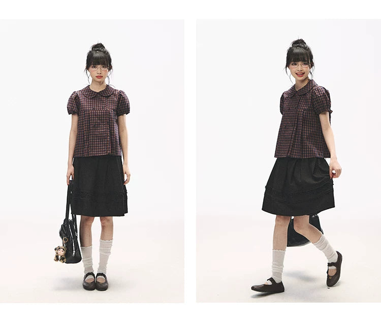 "Retro Plaid Sweetheart" Navy Orange Check Cotton Peter Pan Collar Blouse