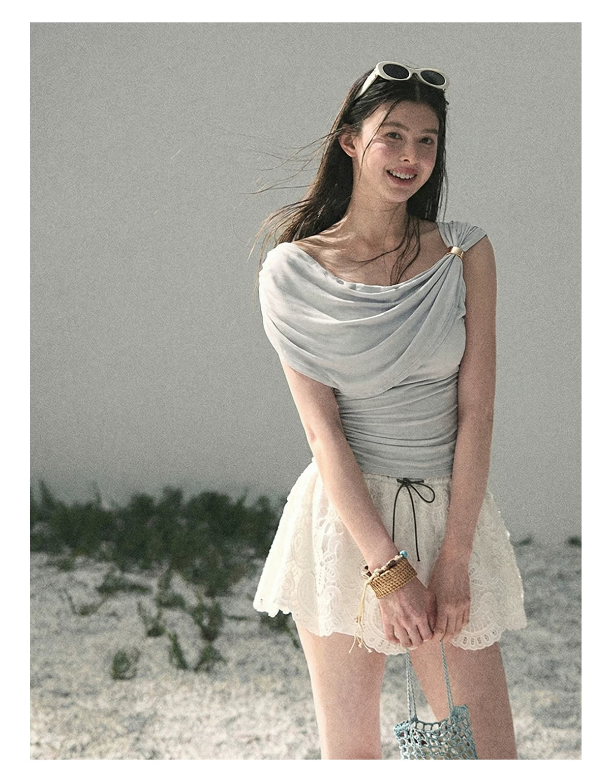 “When the Wind Stole Moonlight” Moonstone Draped Off-Shoulder Top