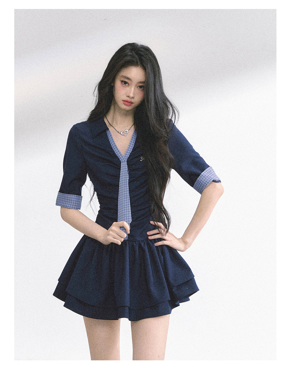 少也眼 "London Chronicle" Structured Plaid Puff-Sleeve Mini Shirt Dress - Navy Blue