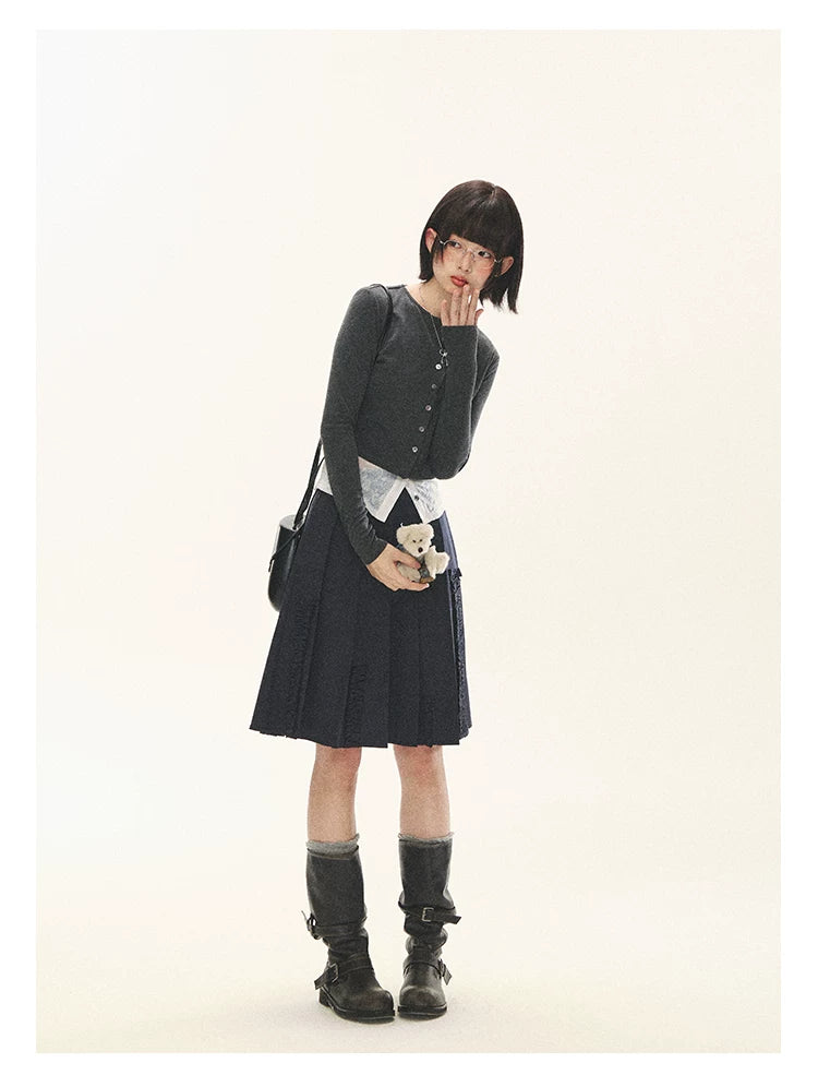 "Layered Blossom" Faux-Layer Knit Cardigan (Sakura Pink/ Heather Gray)