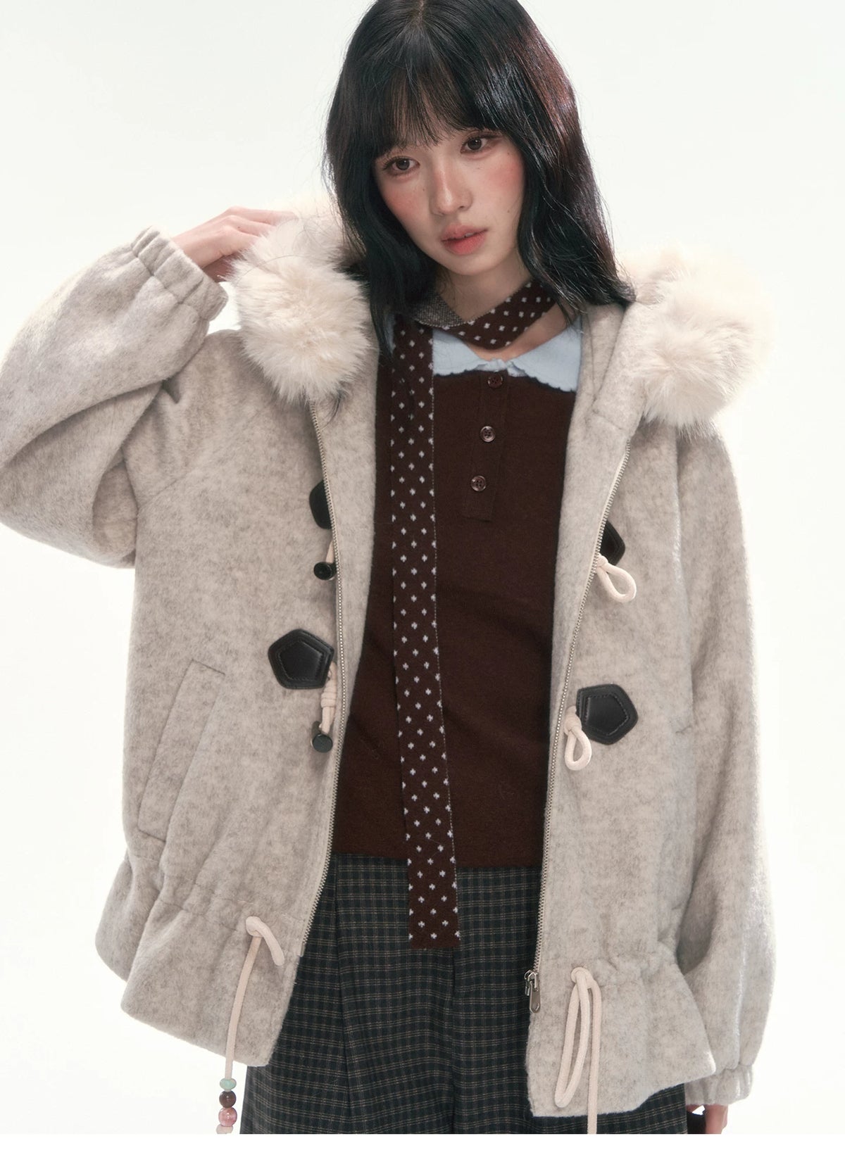 CAN - "Frosted Cloud Reverie" Beige Gray Detachable Faux-Fur Collar Wool-Blend Jacket