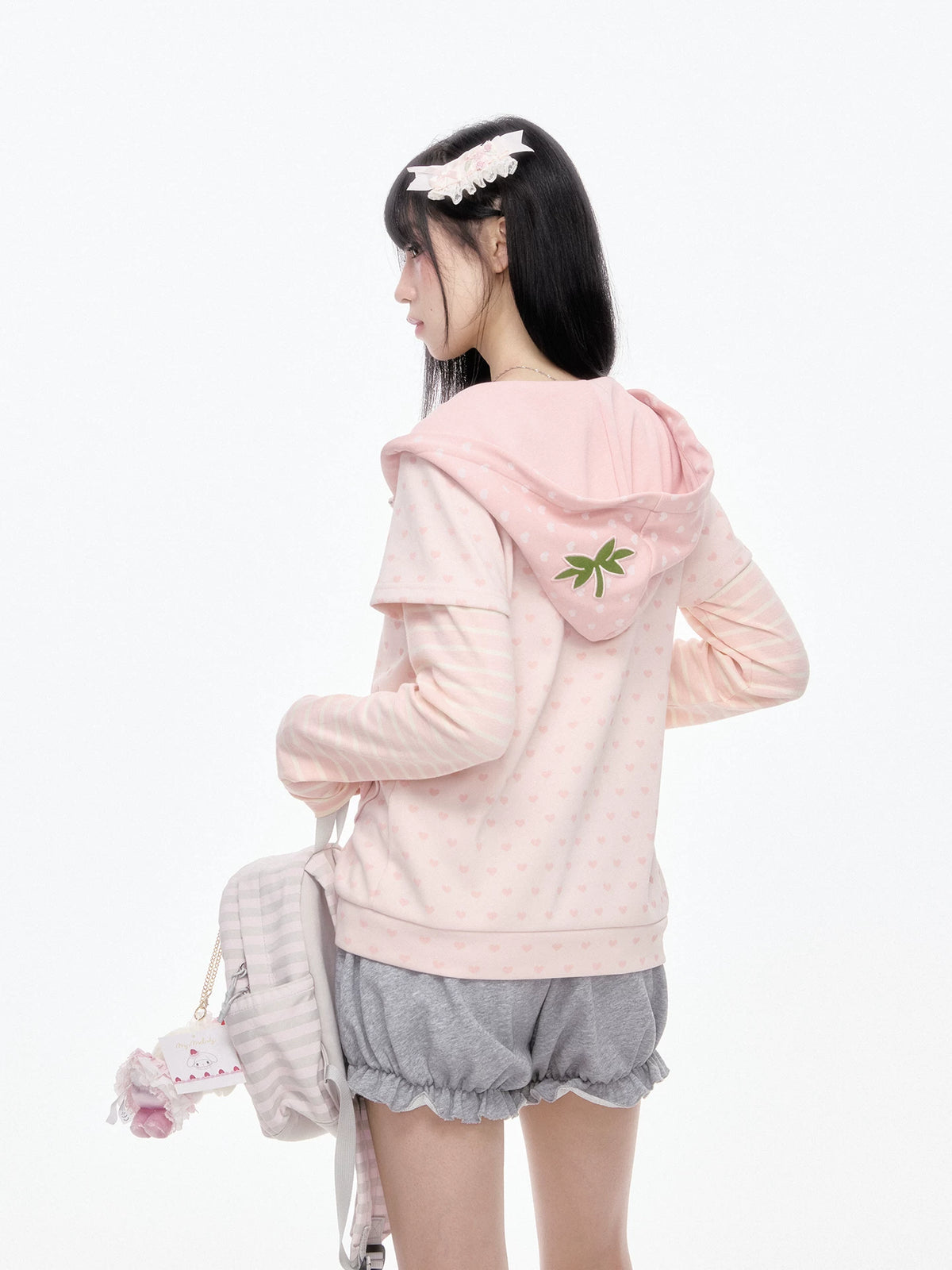 KYOUKO - Pink Hooded Zip-Up Jacket & Gray Ruffle Pants Set