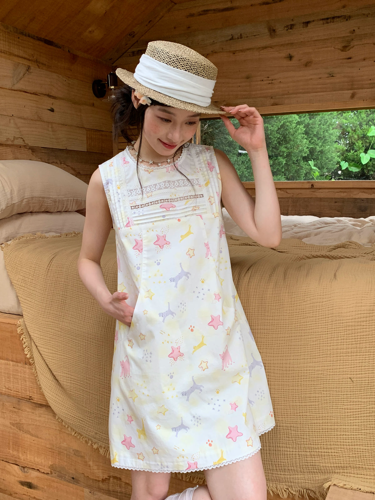 [RF] “Starry Pals” Ivory Animal Print Lace-Trim Sleeveless Mini Dress