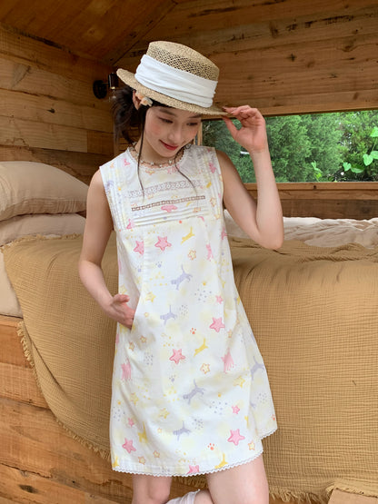 [RF] “Starry Pals” Ivory Animal Print Lace-Trim Sleeveless Mini Dress