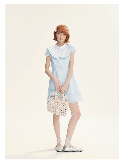 "Sea Salt Fizz" Baby Blue Cutout Embroidered Peter Pan Collar Puff Sleeve A-Line Dress