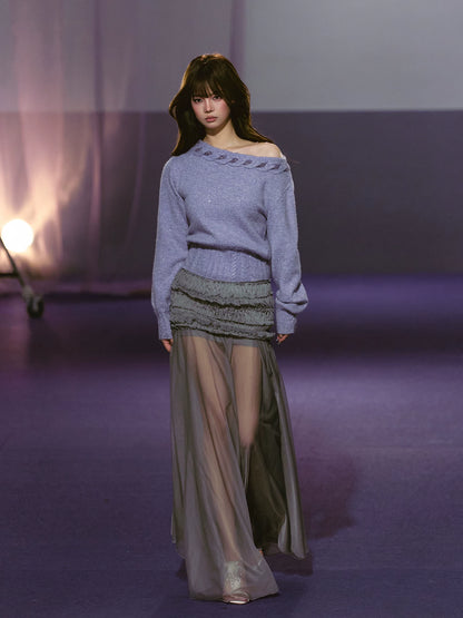 Ruched Semi-Sheer Mesh Maxi Skirt (Apricot/ Black/ Gray)