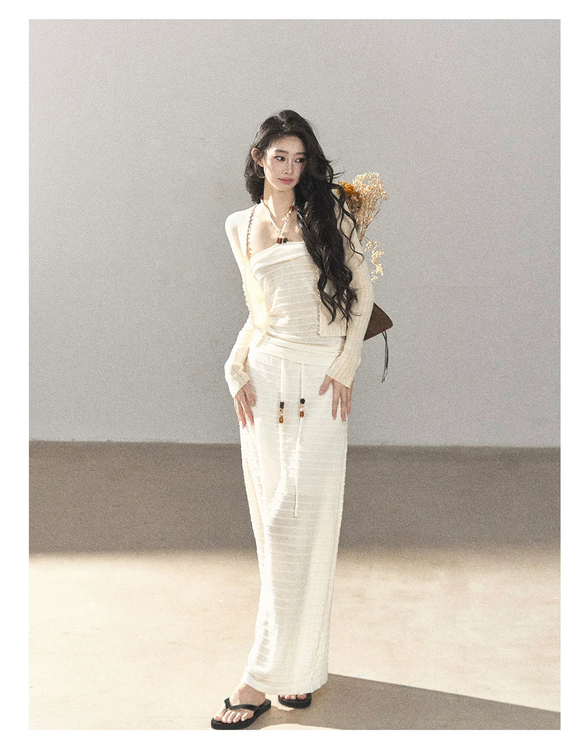 AOMALM - Creamy Ivory Convertible Knit Tube Top & Maxi Skirt Set