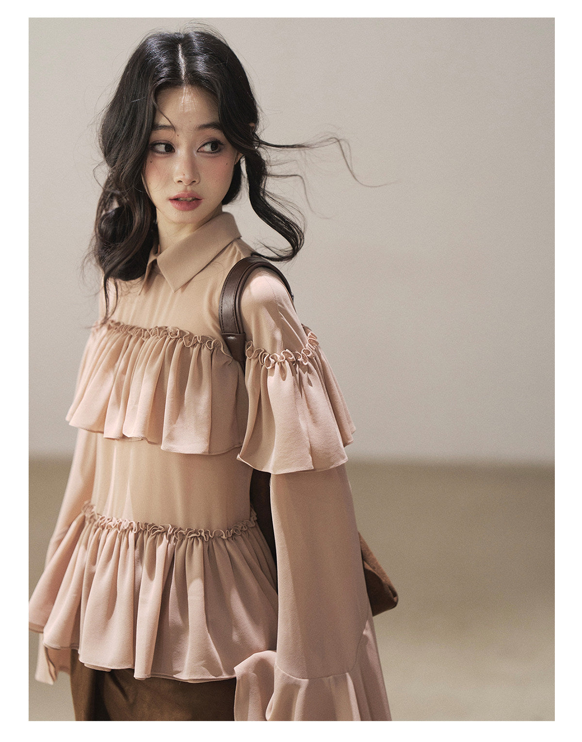 170726 "Veiled in the Evening Mist" Milk Tea Ruffle Blouse