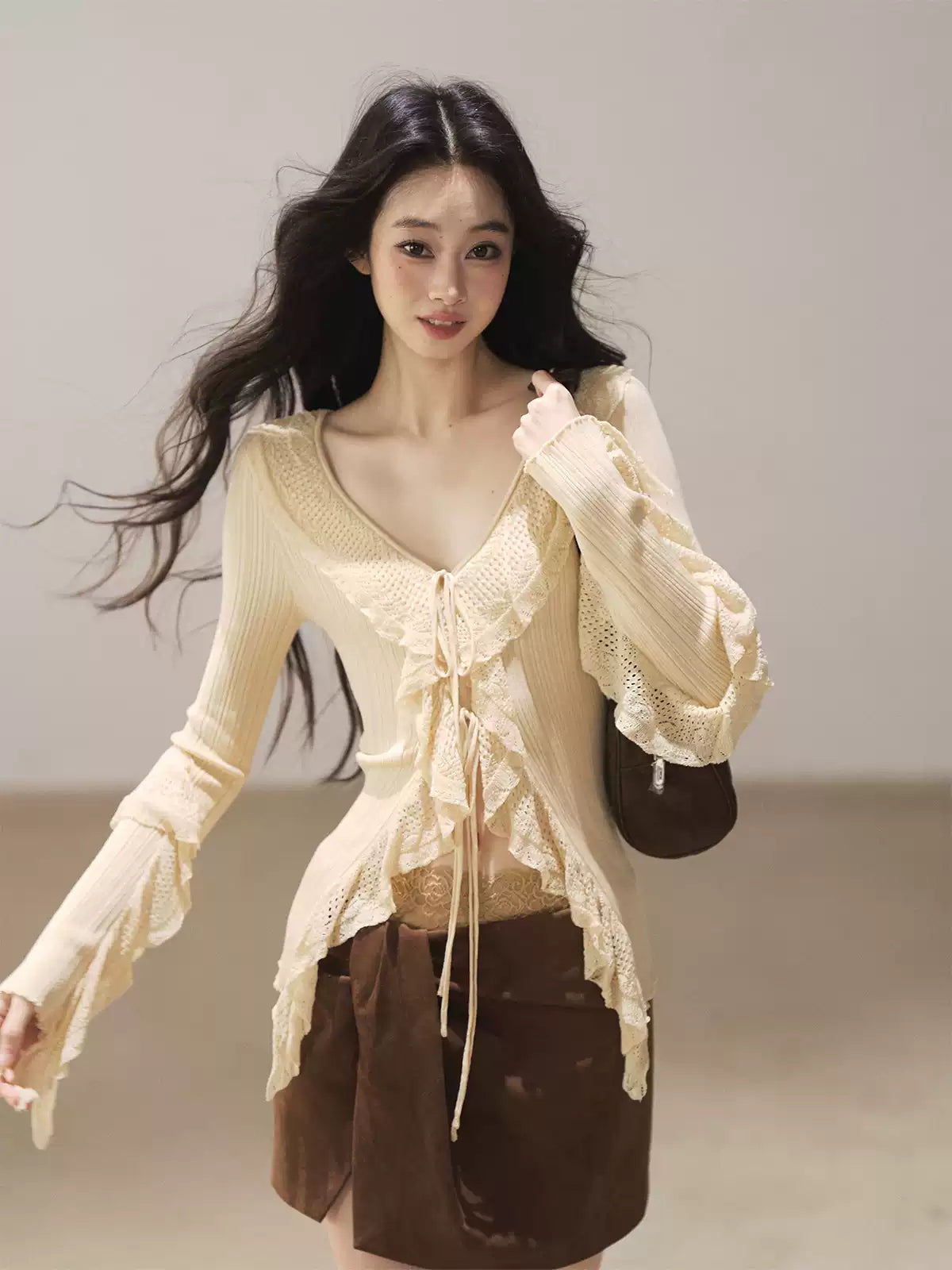 AOMALM - "The Gap of Light" Cheese Yellow Korean Ruffle Lace-Trim Knit Cardigan
