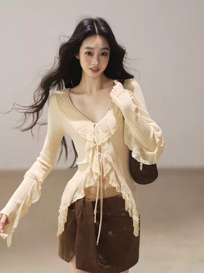 AOMALM - "The Gap of Light" Cheese Yellow Korean Ruffle Lace-Trim Knit Cardigan