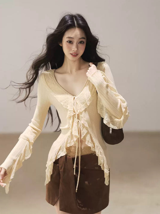 AOMALM - "The Gap of Light" Cheese Yellow Korean Ruffle Lace-Trim Knit Cardigan