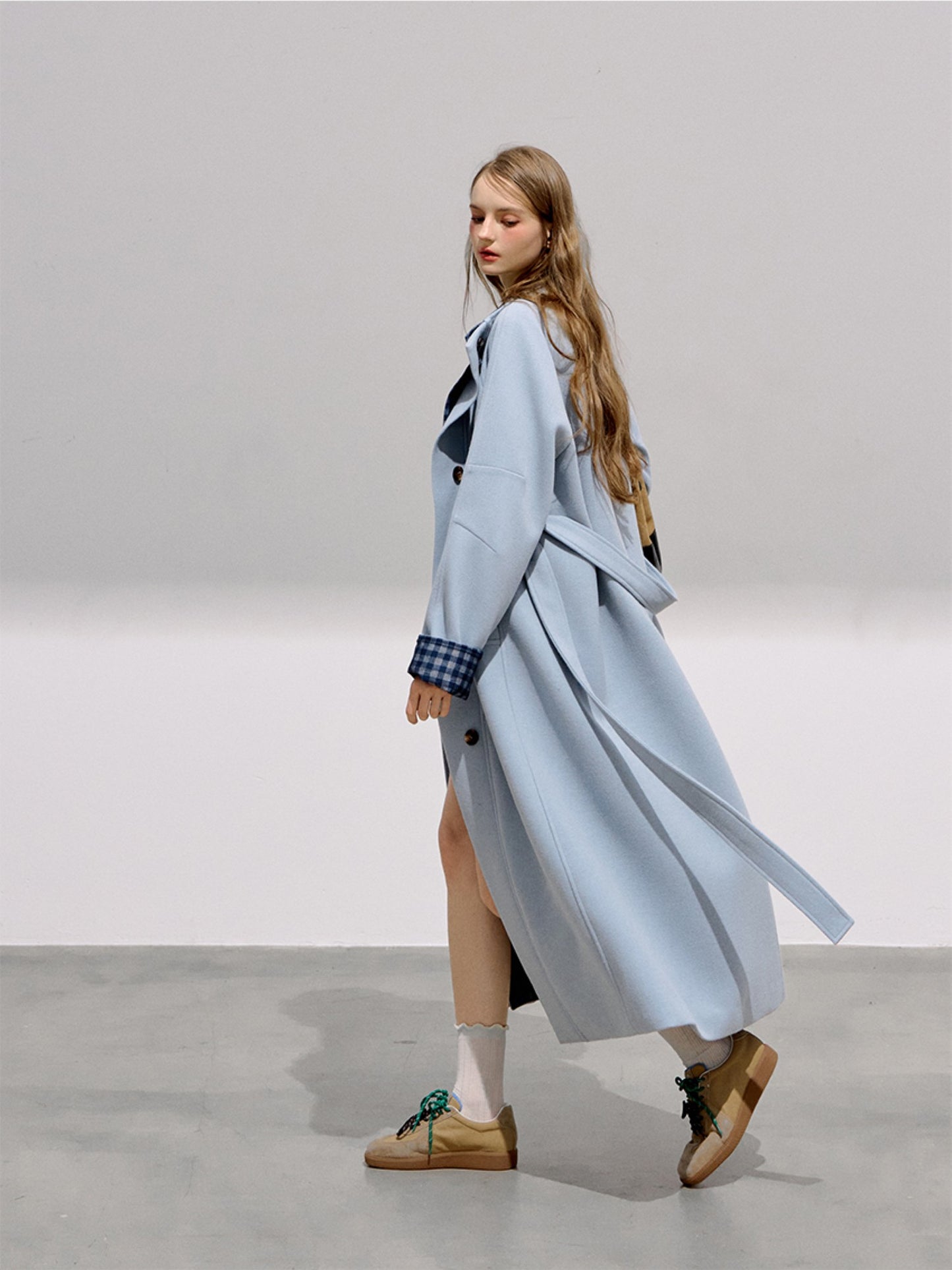 BOHOL BLING - Preppy Light Blue Plaid Wool Blend Long Coat