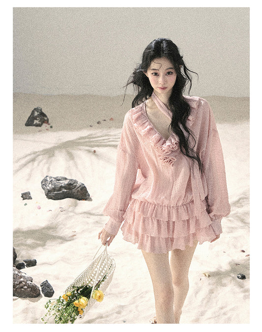 “Evening Breeze Skirt” Lotus Pink Tiered Chiffon Mini Dress with Scarf Tie & Shorts