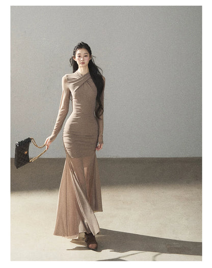 AOMALM - Milk Tea Ruched Mesh Mermaid Maxi Dress