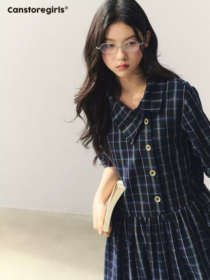 "Plaid Narrative" Asymmetric Neck Knit Midi Dress WW2026022