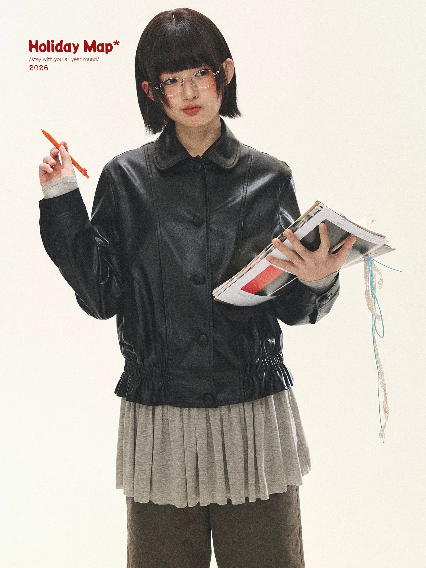 "Venus Gallery" Black Ruffle Collar Cropped Faux Leather Jacket