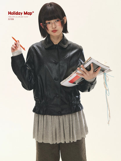 "Venus Gallery" Black Ruffle Collar Cropped Faux Leather Jacket