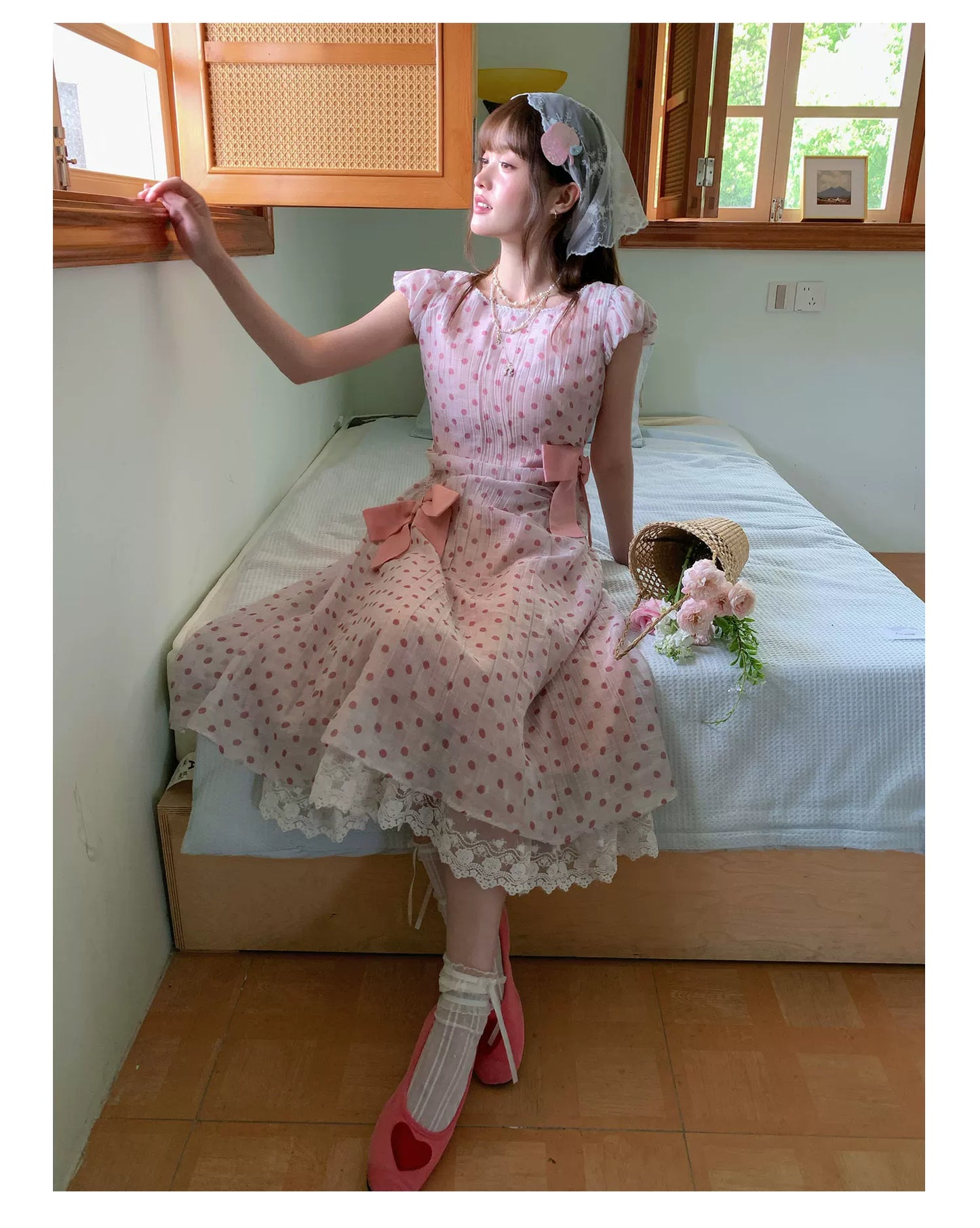 [RF] “Pink Mist Polka” Vintage Polka Dot Maxi Dress