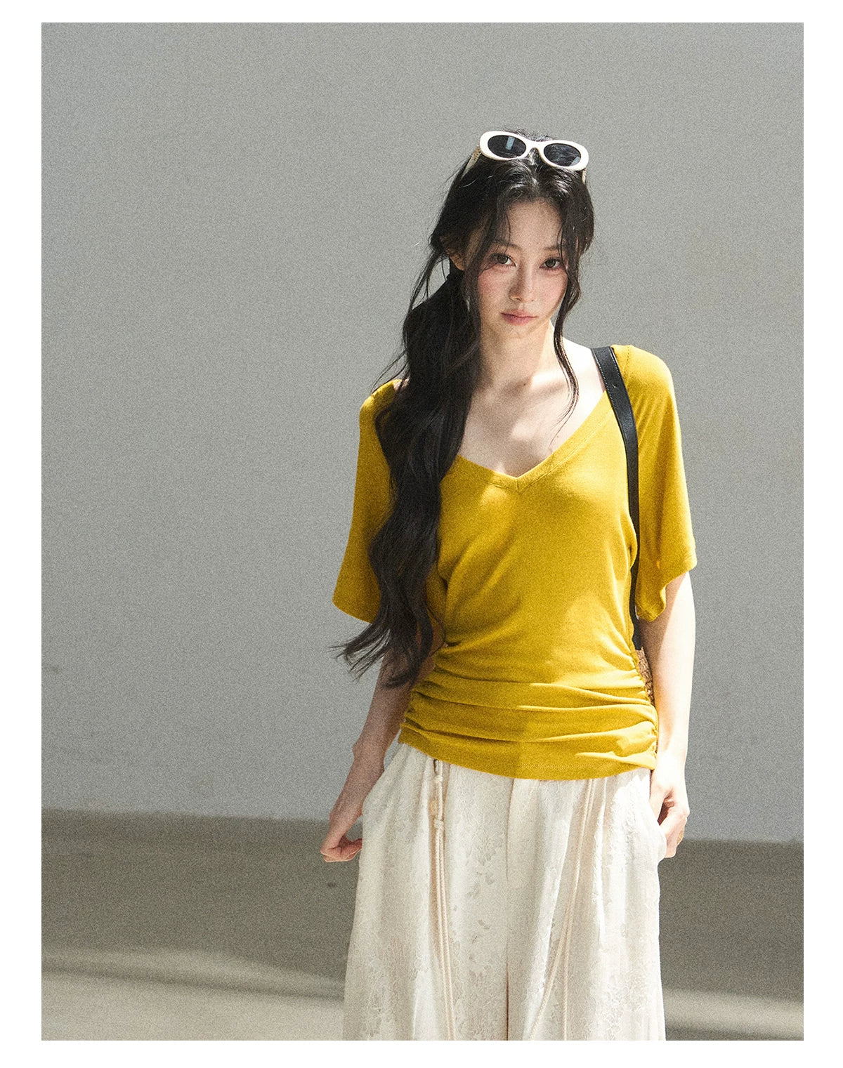 "The First Ray of Sunshine" V-Neck Crop Tee (Ginger Yellow. Creamy Apricot White)