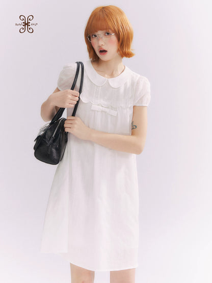 “Lace Sleep Song” White Embroidered Puff Sleeve Babydoll Dress