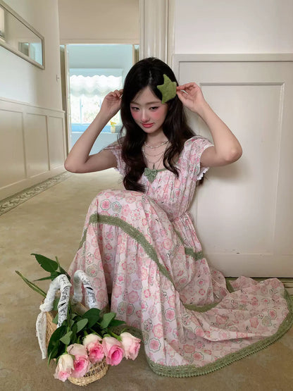 “Wildflower Green Grape” Pink Floral Tiered Dress