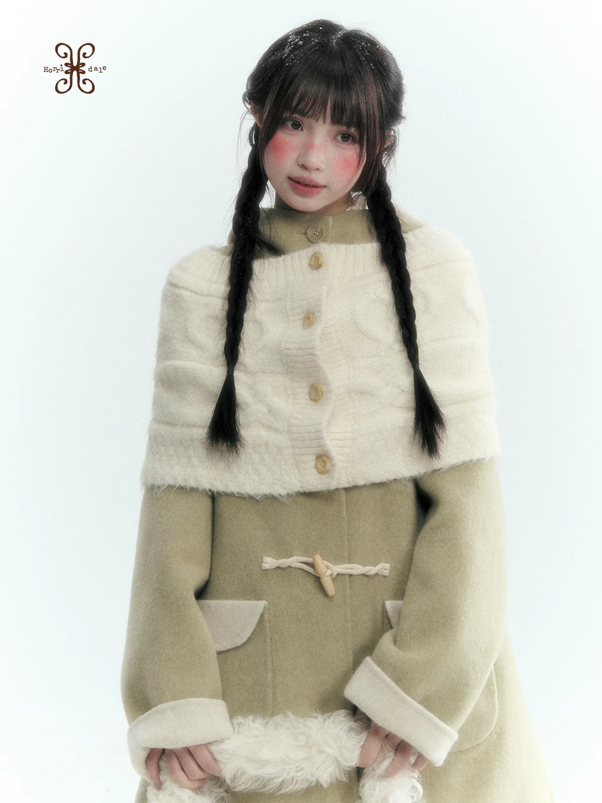 Horridale - Moss Green and Cream Reversible Hooded Wool Coat
