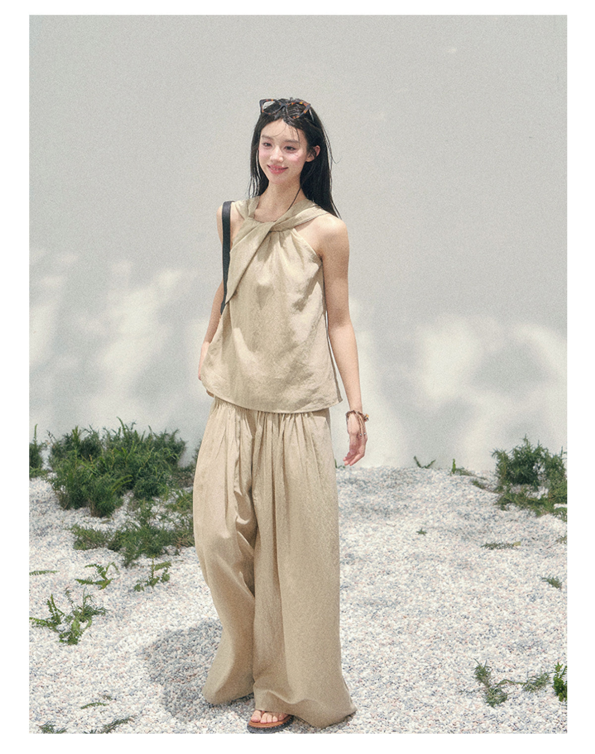 “Soft Khaki Whisper” Milk Tea Halter Twist Top & Wide-Leg Trousers