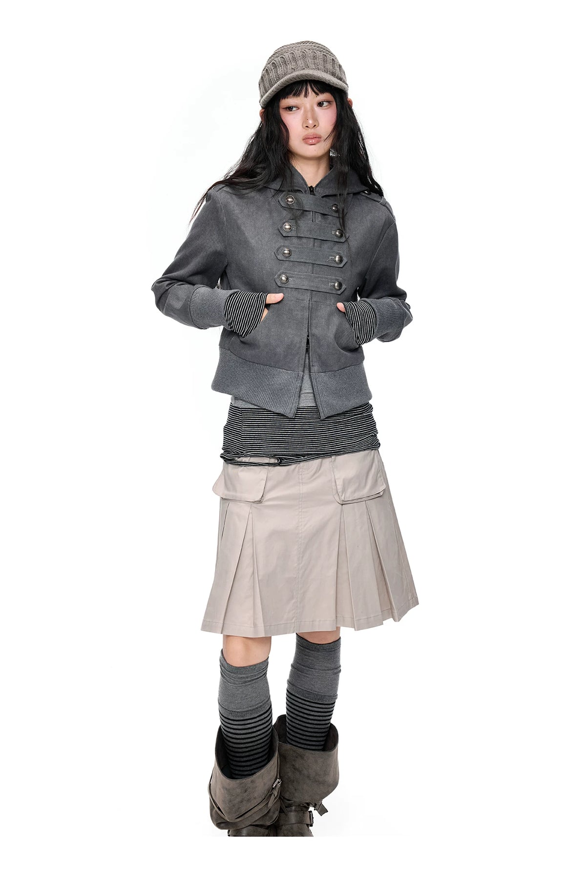 EZEK | Cropped Hooded Sweatshirt Jacket with Double Metal Snap Closure (Black / Gray)