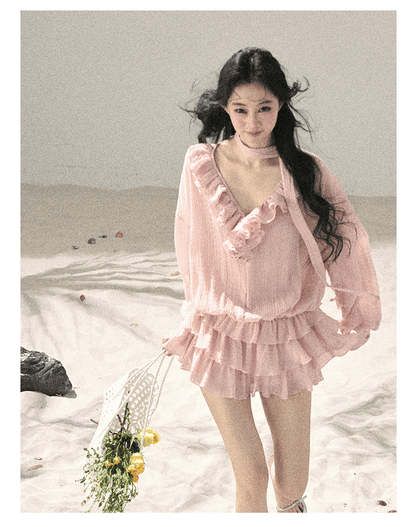 “Evening Breeze Skirt” Lotus Pink Tiered Chiffon Mini Dress with Scarf Tie & Shorts