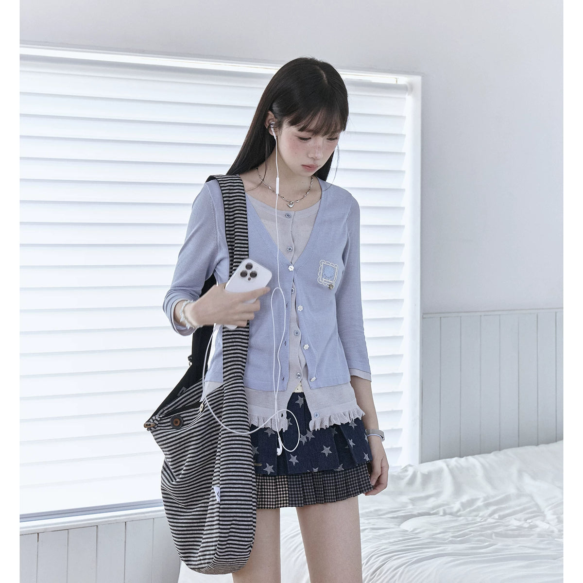 "Starry Miu" Layered Knit Collection (Dusty Blue Cardigan / Polka Dot Skirt)