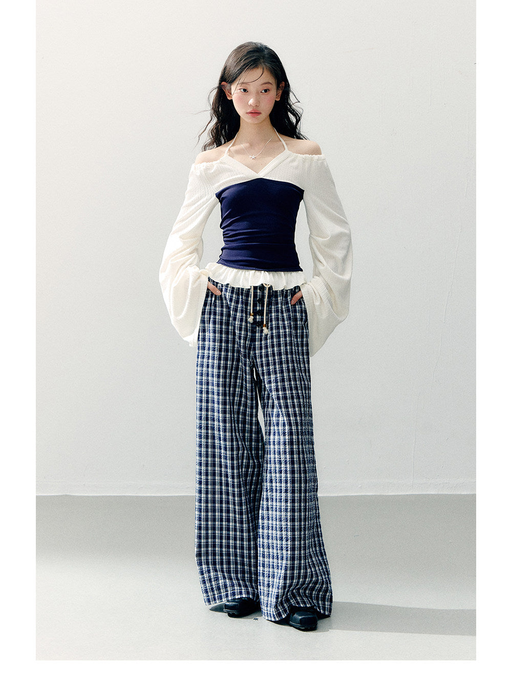 ANNATTO - Spring Navy & Ivory Off-Shoulder Knit Top & Plaid Pants Set