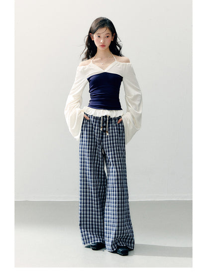 ANNATTO - Spring Navy & Ivory Off-Shoulder Knit Top & Plaid Pants Set