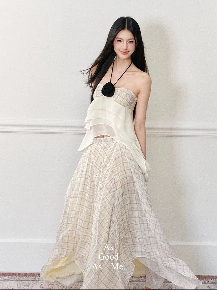 "Rose by the Sea" Rose Halter Top & Asymmetrical Plaid Maxi Skirt Set