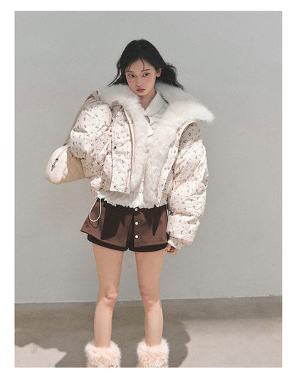 少也眼 Oatmeal Short Down Jacket with Detachable Faux-Fur Collar 784651
