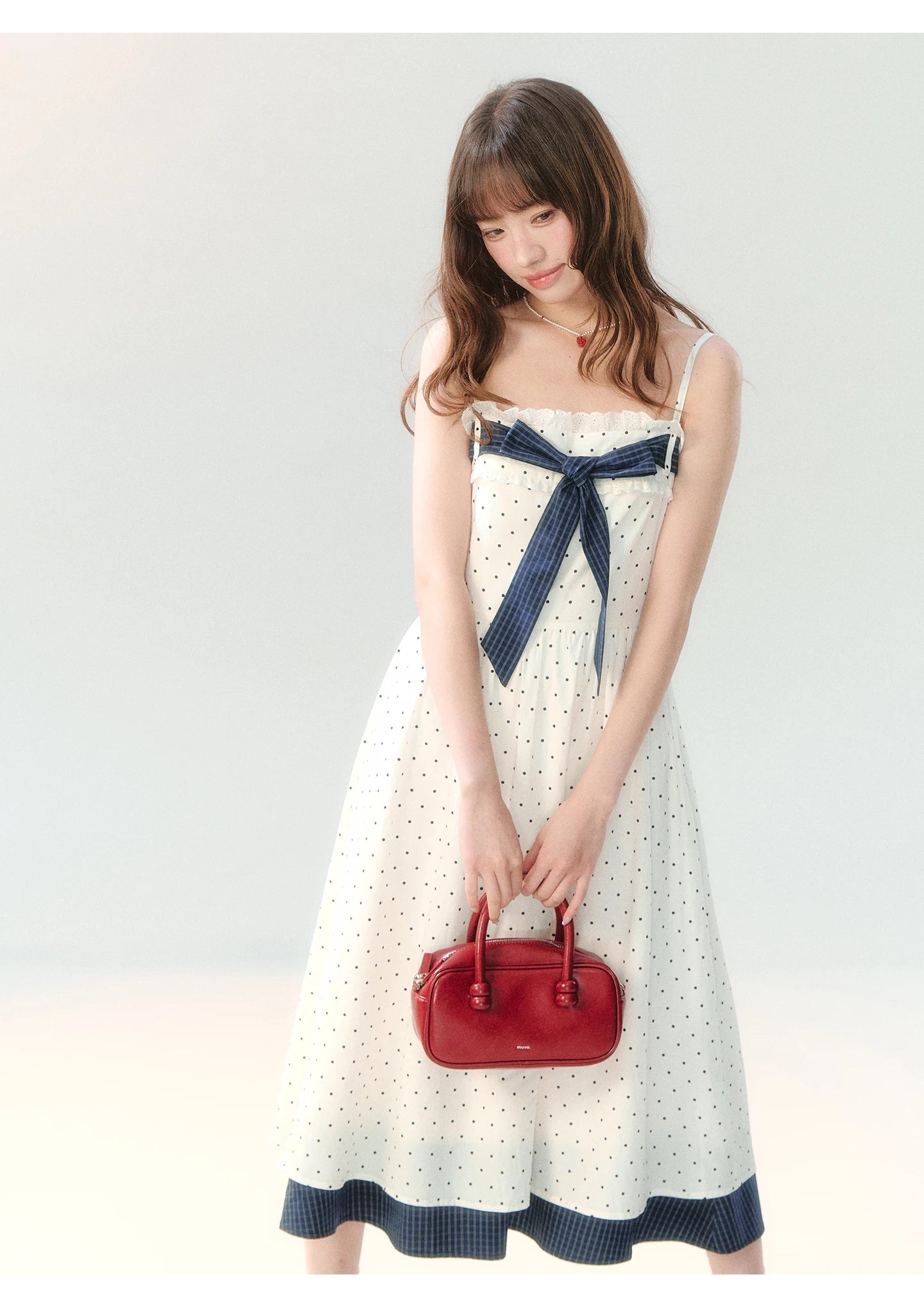 "Soft Mist Cream Puff" White Polka Dot Cami Dress LL2026207