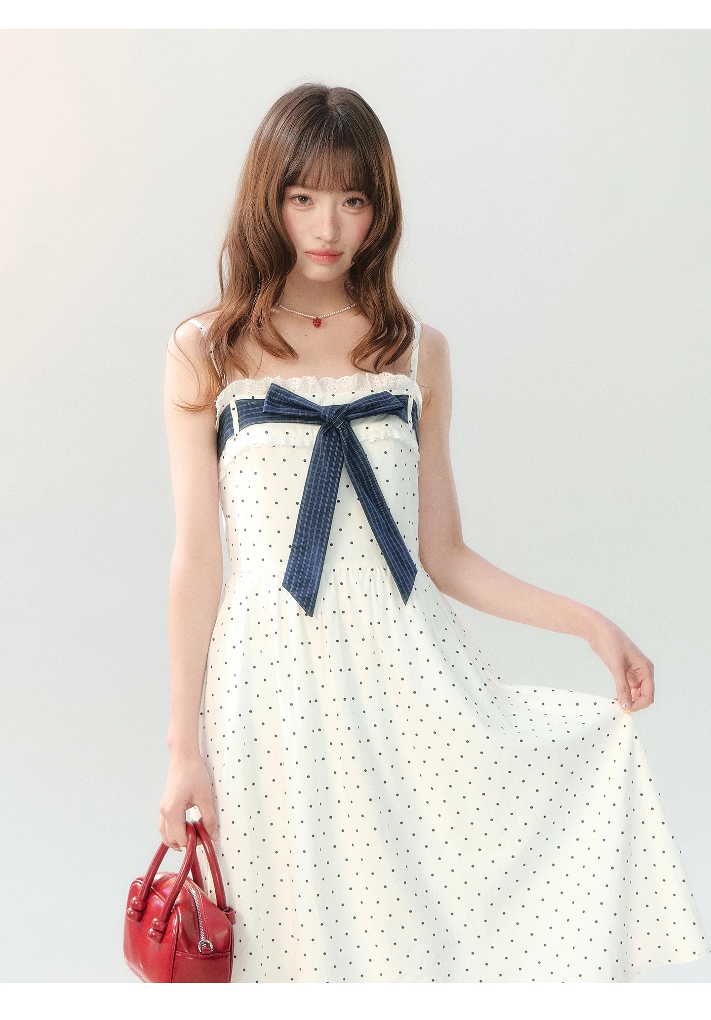 "Soft Mist Cream Puff" White Polka Dot Cami Dress LL2026207