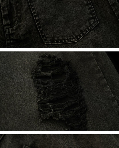 "Street Rebel Mood" Distressed Black Straight-Leg Jeans WE932